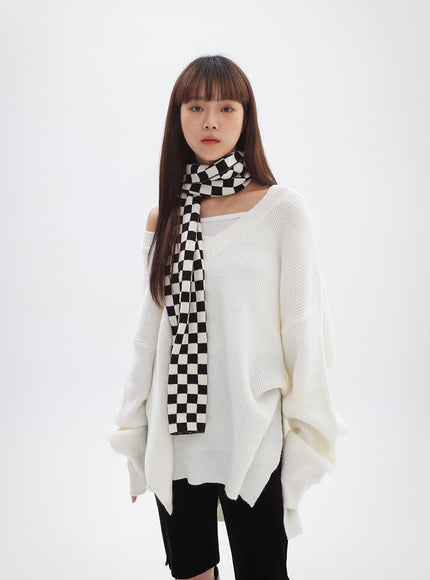 V-ネックスプリットロングニット