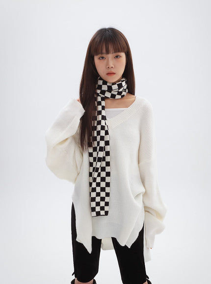V-ネックスプリットロングニット