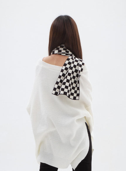V-ネックスプリットロングニット