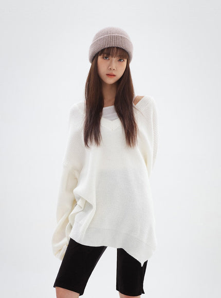 V-ネックスプリットロングニット