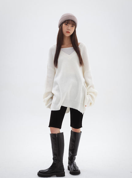 V-ネックスプリットロングニット