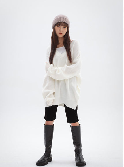 V-ネックスプリットロングニット